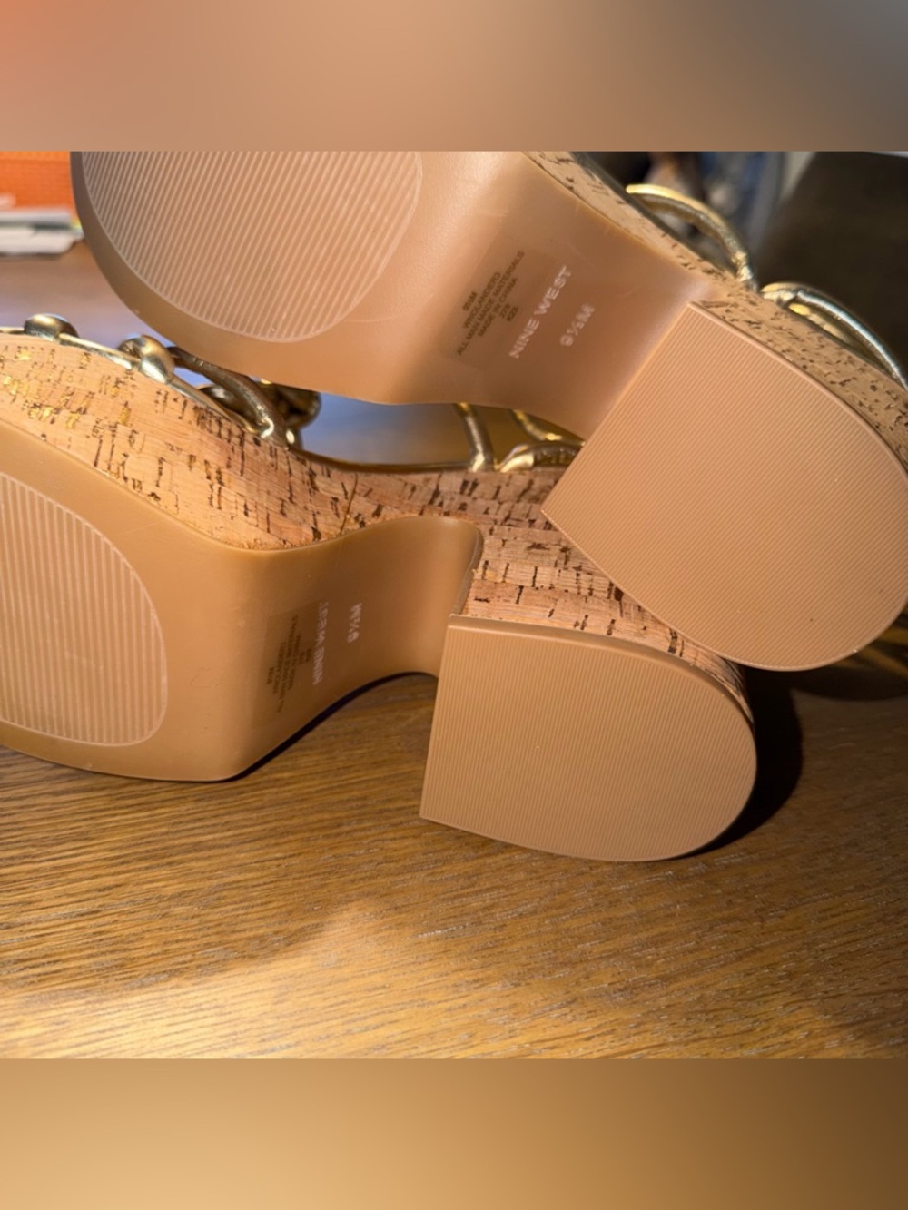 NWOB Nine West Platino Olander Knotted Platform Sandals Gold Ankle Strap Wedge - Picture 4 of 5
